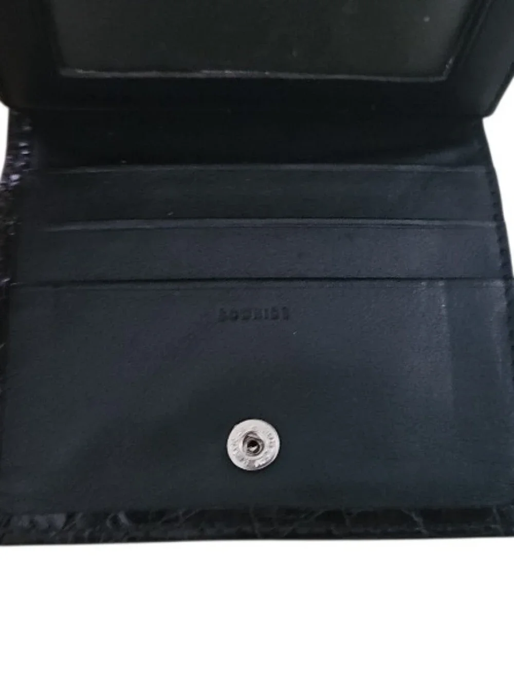 Vintage Cowhide Leather Coin Purse Wallet Black Croc Embossed Kiss Lock Compact